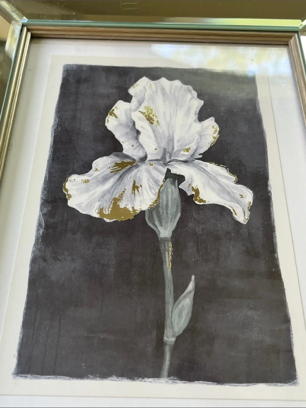 Set of 3 mirrored picture frames white/gold floral prints on black background